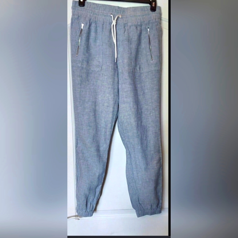 Ladies Athleta Cabo 100% Linen Jogger Pants Chambray Blue Drawstring Waist 4